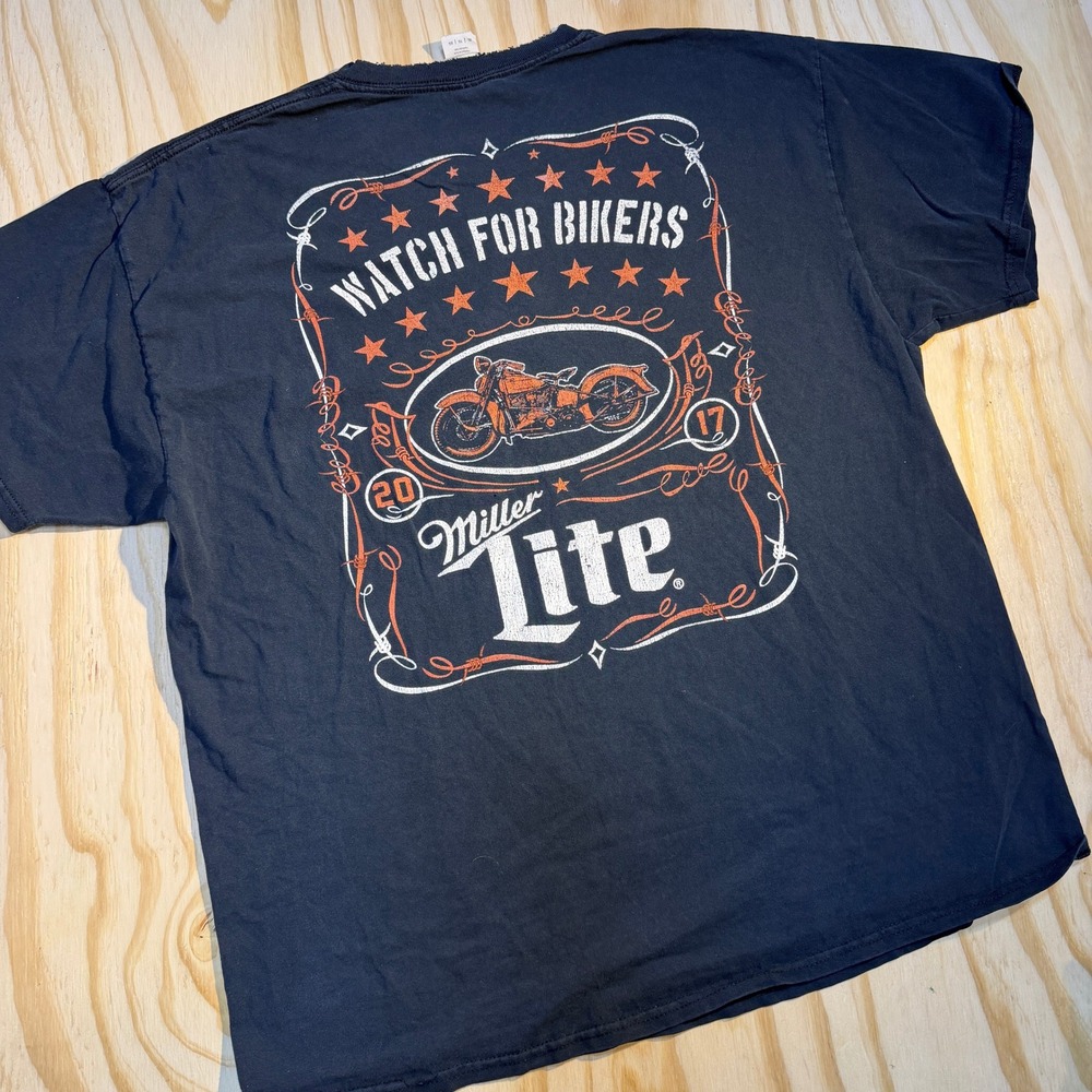 Gildan Miller Lite Watch For Bikers Graphic T-Shirt Mens XL Black Distressed